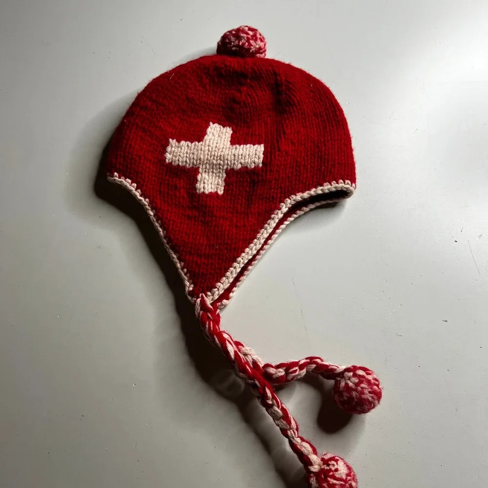 Red‎ Wool Knit Earflap Hat Swiss Cross Pom Pom Winter Beanie Vintage